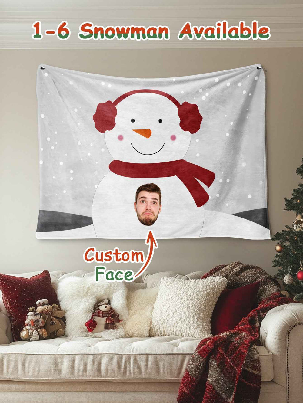 Custom Photo Tapestry – Personalized Faces Snowman Wall Hanging Blanket for Home Decor Christmas Gift