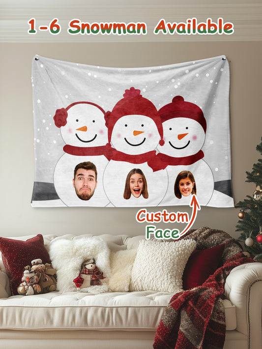 Personalised Photo Snowman Tapestry - Custom Face Wall Hanging Blanket Christmas Decor
