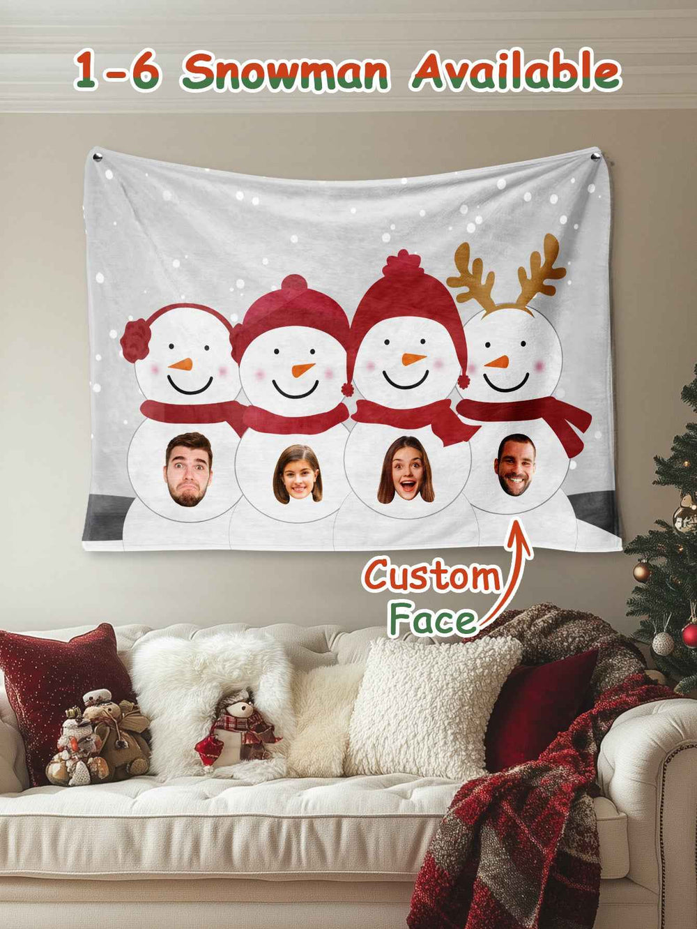 Custom Photo Tapestry – Personalized Faces Snowman Wall Hanging Blanket for Home Decor Christmas Gift