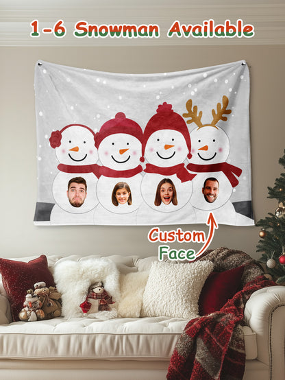 Lifestyle shot of the personalised tapestry hung as Christmas decor in a cosy living room.