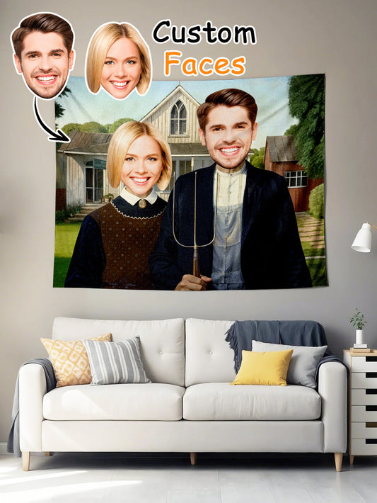 Customised photo tapestry hanging on a wall, showcasing personalised wall art printed on soft brushed peach skin velvet fabric.