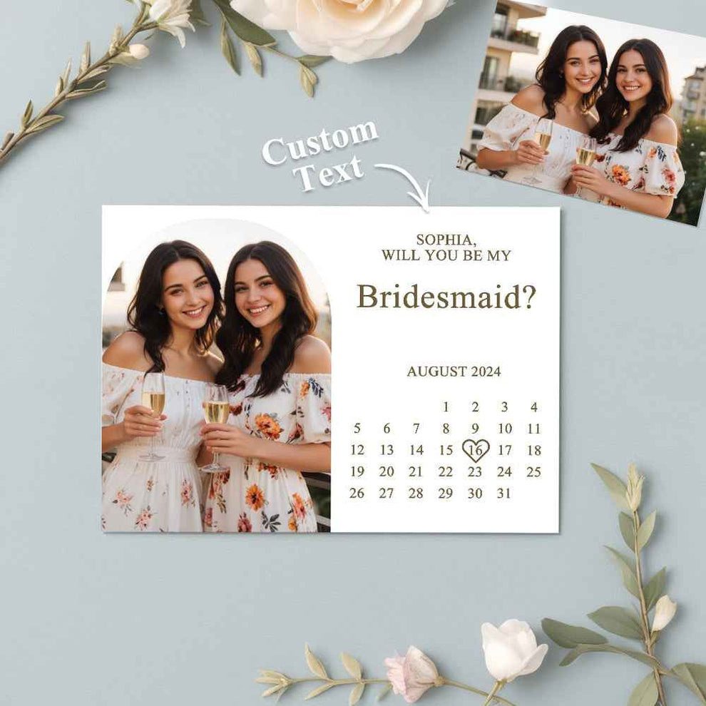 The Personalised UK Wedding Planning Timeline: Week by Week, Item by Item Personalised Will You Be My Bridesmaid card with custom wedding date