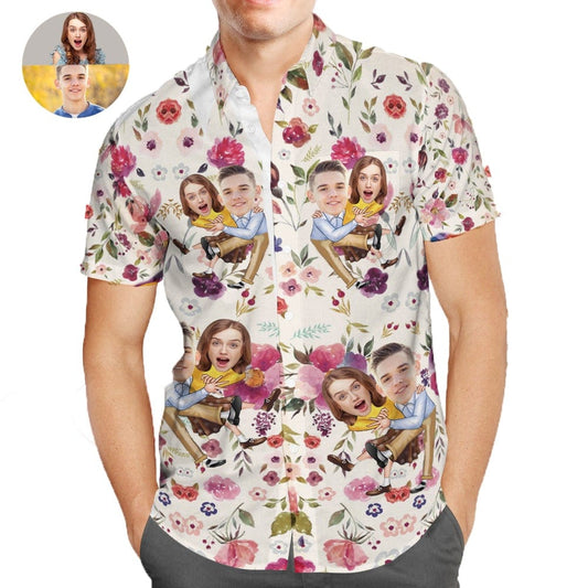 Personalised Face Hawaiian Shirt front view — blue custom Aloha shirt with repeat photo face print, vibrant colours and perfect as a personalised Valentine's Day gift