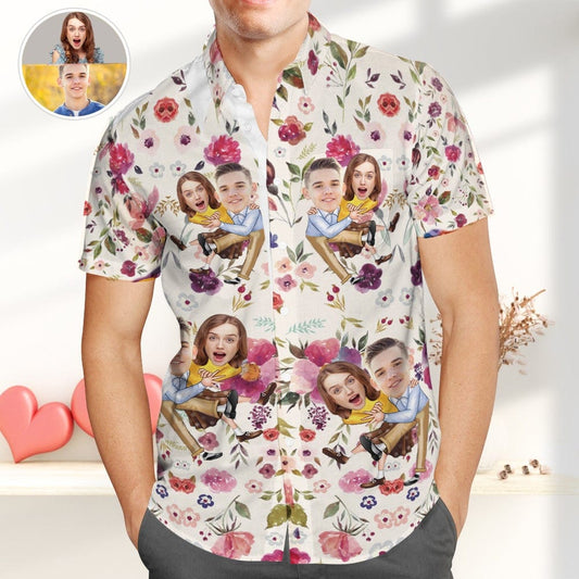 Personalised Face Hawaiian Shirt front view — blue custom Aloha shirt with repeat photo face print, vibrant colours and perfect as a personalised Valentine's Day gift