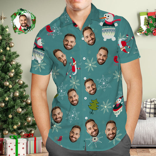 Custom Face Hawaiian Shirt (green) with snowflakes and snowmen pattern featuring a personalised face cutout — unique personalised Christmas gift for him