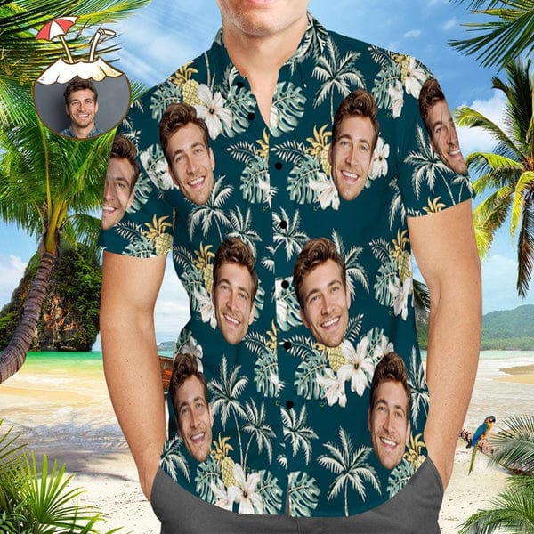 Back view of personalised Hawaiian shirt with face print — casual, lightweight beachwear for men