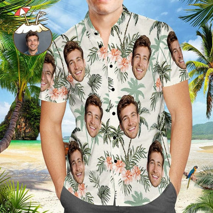 Lifestyle shot of man at the beach wearing a personalised face Hawaiian shirt — perfect personalised beach party shirt