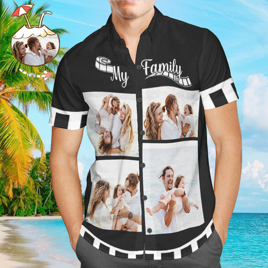 Custom Photo Hawaiian Shirt featuring personalised happy family faces all‑over sublimation print on a breathable polyester blend, ideal gift for men