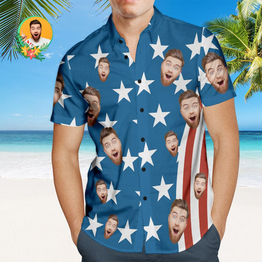 Personalised custom-face Hawaiian shirt with vibrant American-flag print – men's patriotic 4th of July novelty photo gift