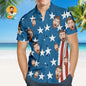 Personalised custom-face Hawaiian shirt with vibrant American-flag print – men's patriotic 4th of July novelty photo gift
