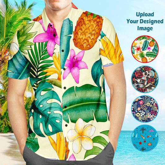 Male model wearing a custom photo Hawaiian shirt with vibrant all-over print shown from front and back, a personalised Aloha beach shirt and custom printed men’s Hawaiian shirt