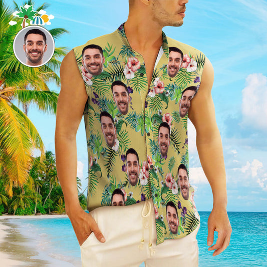 Front view of personalised face men's sleeveless Hawaiian shirt with custom yellow photo print, lightweight breathable vest style ideal for summer beach days and casual wear