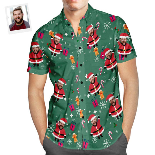 Personalised Face Hawaiian Santa Shirt for men – custom Christmas Aloha shirt with large personalised Santa face print, vibrant tropical motif and lightweight comfortable fit.