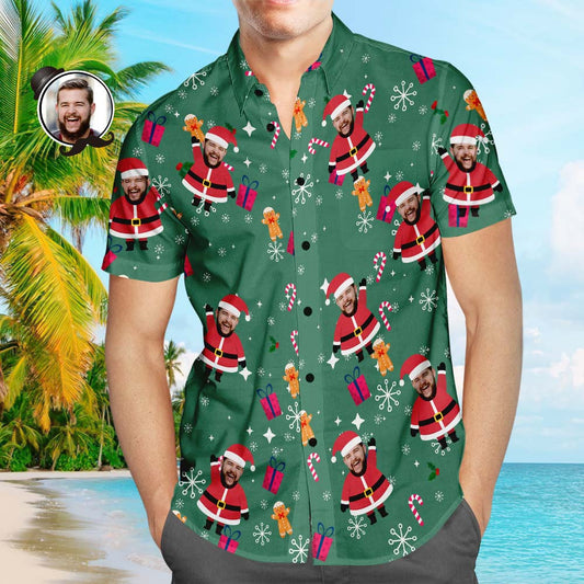 Personalised Face Hawaiian Santa Shirt for men – custom Christmas Aloha shirt with large personalised Santa face print, vibrant tropical motif and lightweight comfortable fit.