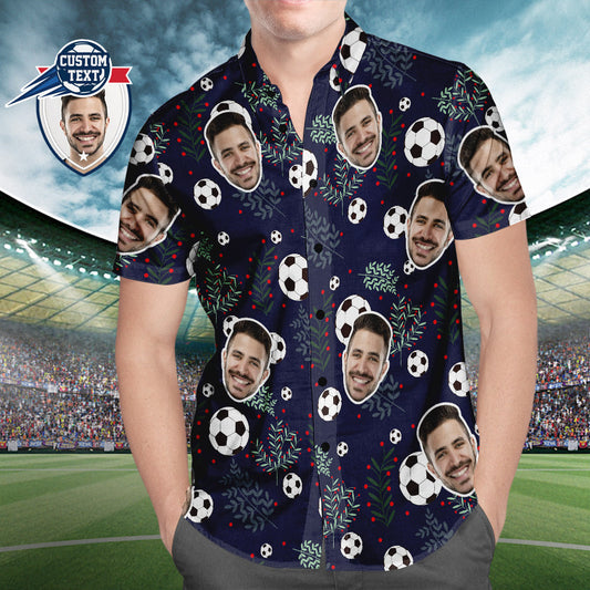 Custom Face Soccer Pattern Hawaiian shirt front view with green tropical plants beach print personalised with your photo — ideal for soccer lovers and football fans