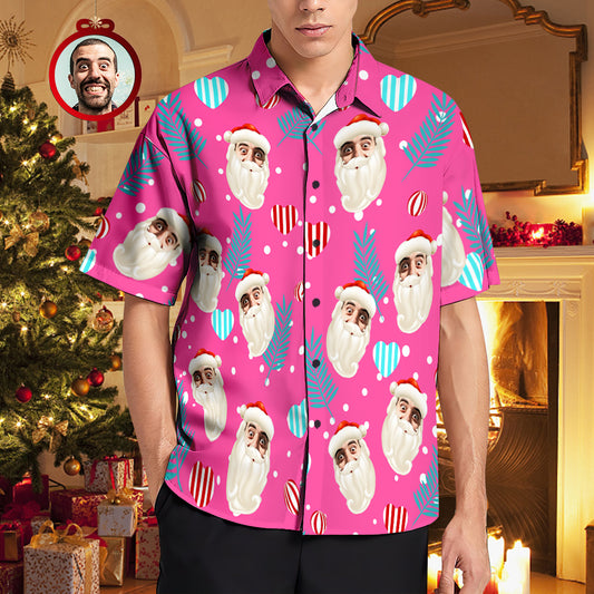 Personalised pink Hawaiian Christmas shirt for men with custom face Santa print, front view — Aloha shirt with button‑up front, short sleeves and lightweight 4‑way stretch fabric