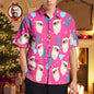 Personalised pink Hawaiian Christmas shirt for men with custom face Santa print, front view — Aloha shirt with button‑up front, short sleeves and lightweight 4‑way stretch fabric