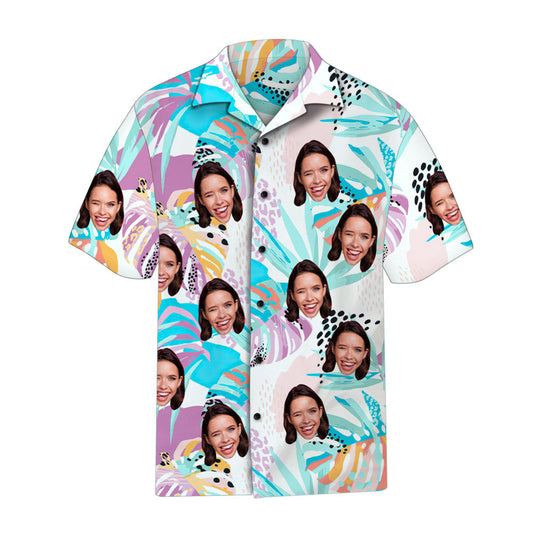 Close-up detail of personalised photo print on custom face Hawaiian shirt, high-resolution tropical pattern on quick-drying 100% polyester fabric