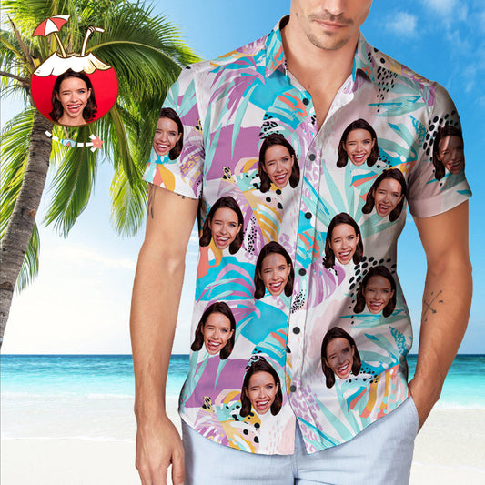 Close-up detail of personalised photo print on custom face Hawaiian shirt, high-resolution tropical pattern on quick-drying 100% polyester fabric