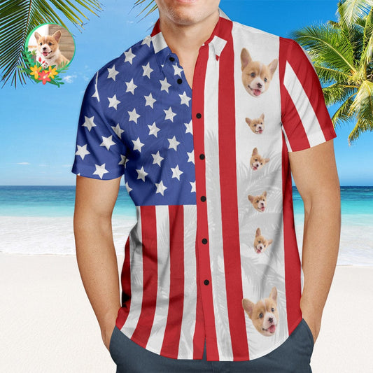 Custom men's patriotic Hawaiian shirt with personalised pet face on USA flag print — lightweight polyester‑spandex personalised photo Hawaiian shirt, ideal gift for Father's Day, birthdays and groomsmen (UK & Australia)