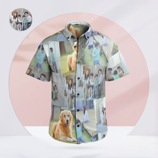 Personalised Hawaiian shirt (front) printed with up to five photos — custom photo aloha shirt in vivid colours on lightweight 95% polyester/5% spandex