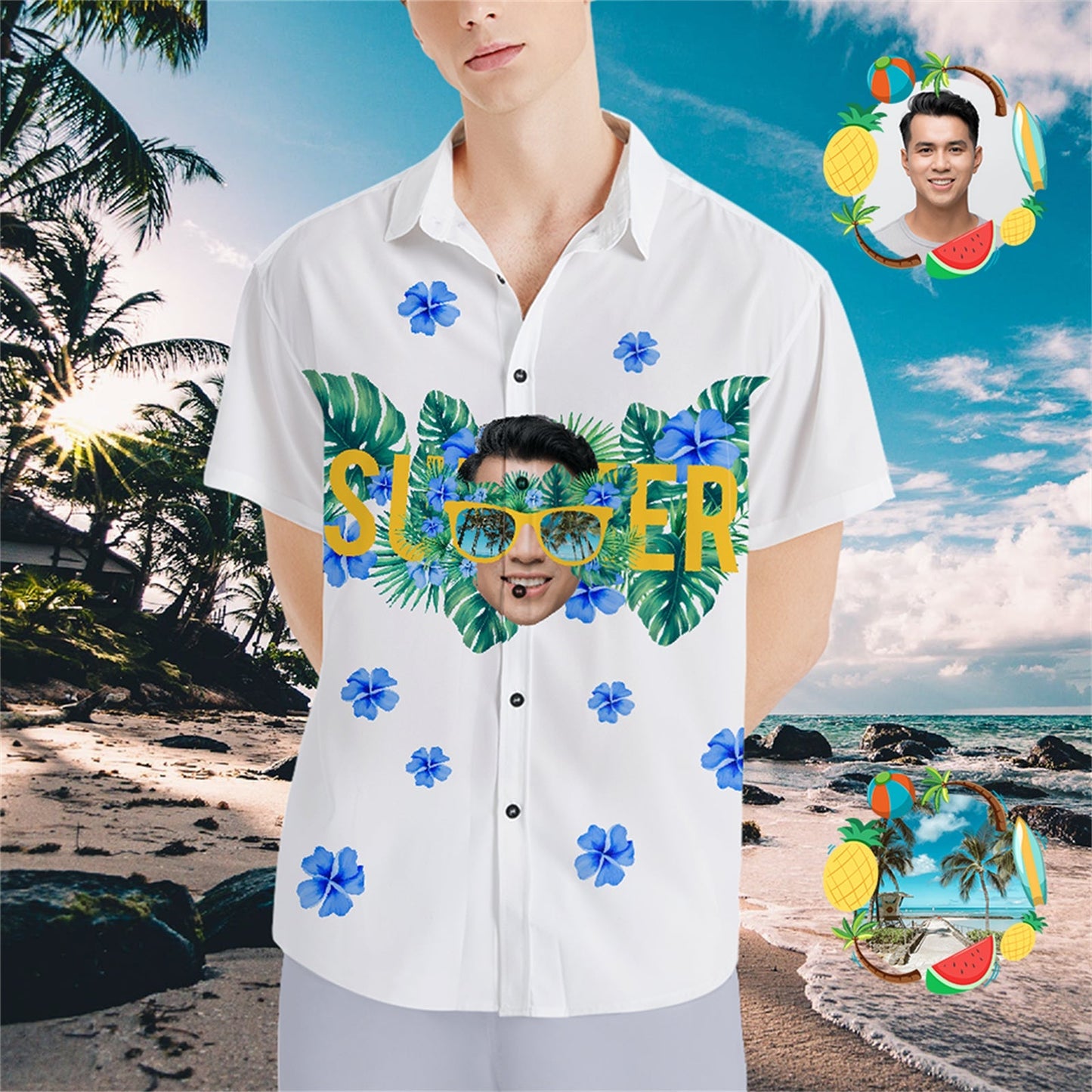 Personalised Photo Aloha Shirt folded view highlighting vivid face and glasses print and neat stitching, perfect novelty personalised gift