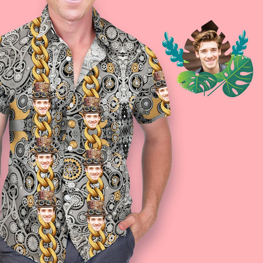 Personalised face Hawaiian shirt front view featuring a custom-uploaded face with comical gold chain ‘rich man’ print — funny beach shirt and novelty gift for him.