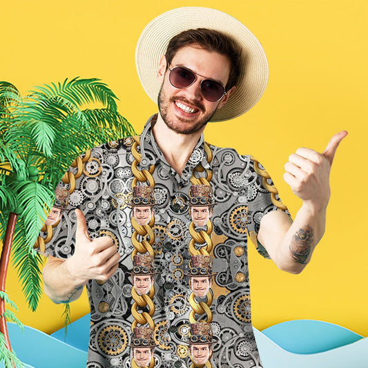 Personalised face Hawaiian shirt front view featuring a custom-uploaded face with comical gold chain ‘rich man’ print — funny beach shirt and novelty gift for him.