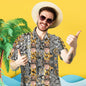 Personalised face Hawaiian shirt front view featuring a custom-uploaded face with comical gold chain ‘rich man’ print — funny beach shirt and novelty gift for him.