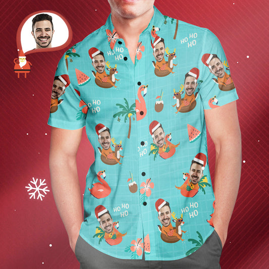 Men's personalised face Christmas Hawaiian shirt with bold all‑over Aloha print, ideal pool‑party gift