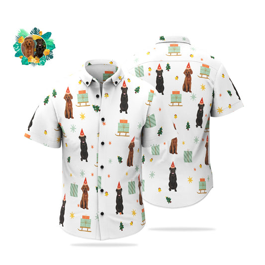 Front view of a Custom Pet Face Hawaiian shirt featuring a bold full‑print pet face — personalised, funny Christmas gift for men; short‑sleeve button‑up in lightweight stretch fabric