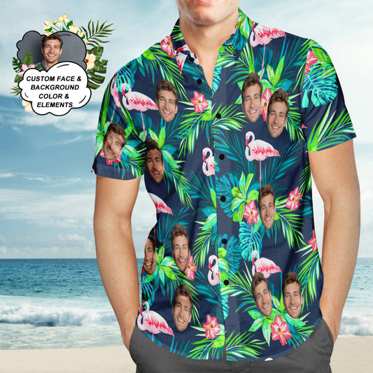 Custom colourful flamingo Aloha Hawaiian shirt for men — personalised all‑over print, short‑sleeve regular fit; design your own gift for Father's Day, Valentine's, Christmas or summer holidays