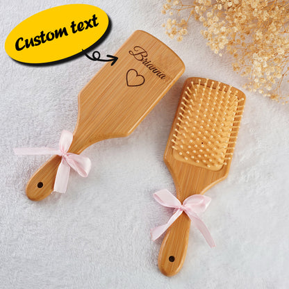 Personalised bamboo hairbrush with custom engraved name on paddle – sustainable bridesmaid gift and travel-friendly detangling brush