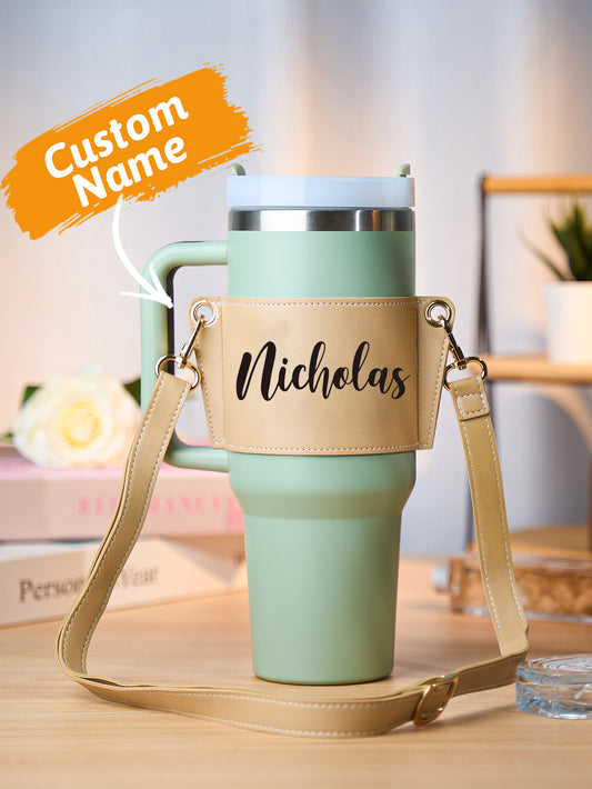 Personalised 40oz Stanley tumbler carrier bag in PU leather with adjustable crossbody strap and custom name — ideal birthday gift for her