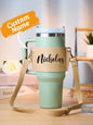 Personalised 40oz Stanley tumbler carrier bag in PU leather with adjustable crossbody strap and custom name — ideal birthday gift for her