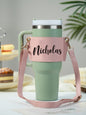 Side view of personalised PU leather 40oz Stanley tumbler carrier showing neat stitching and adjustable strap — stylish personalised water bottle carrier