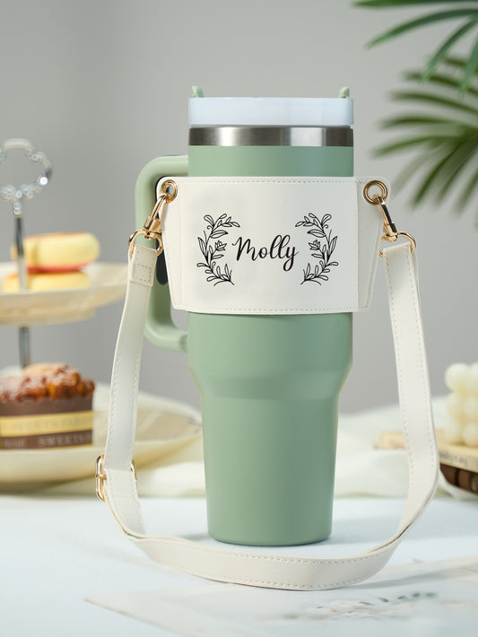 Personalised floral PU leather 40oz Stanley tumbler carrier — front view showing adjustable strap and secure fit for 40oz tumblers