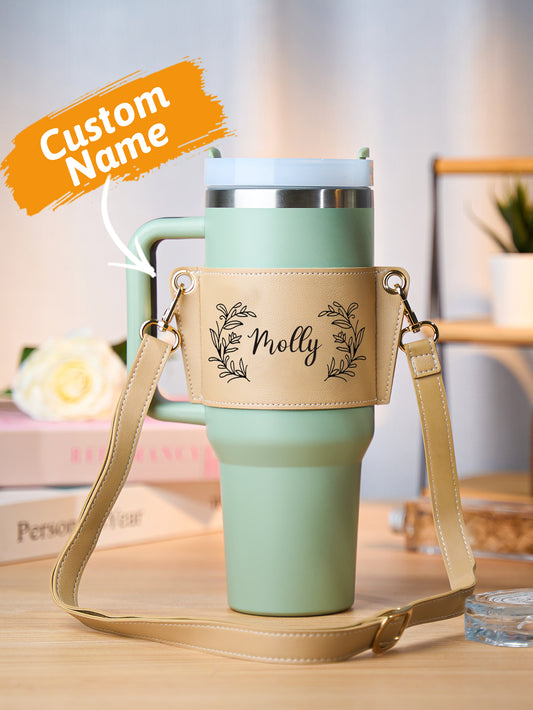 Personalised floral PU leather 40oz Stanley tumbler carrier — front view showing adjustable strap and secure fit for 40oz tumblers