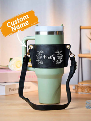 Custom Floral Pattern Water Bottle Carrier Bag with Adjustable Strap for 40oz Stanley Tumbler Gift for Women