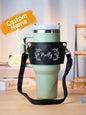Side view of floral water bottle carrier for 40oz Stanley tumbler — lightweight, durable PU leather, easy to clean