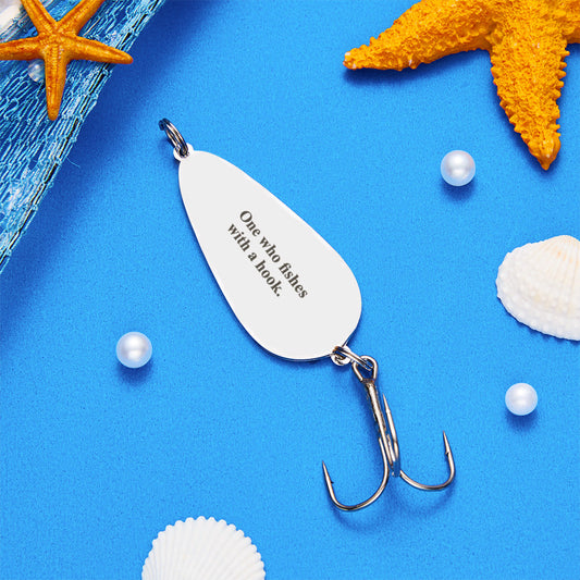Personalised photo engraved fishing lure with custom text, close-up of engraved image and protected treble hook — perfect Father’s Day gift for anglers