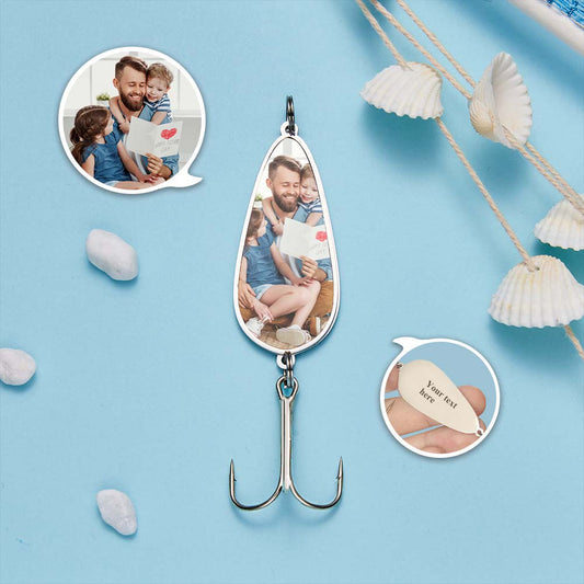 Personalised photo engraved fishing lure with custom text, close-up of engraved image and protected treble hook — perfect Father’s Day gift for anglers