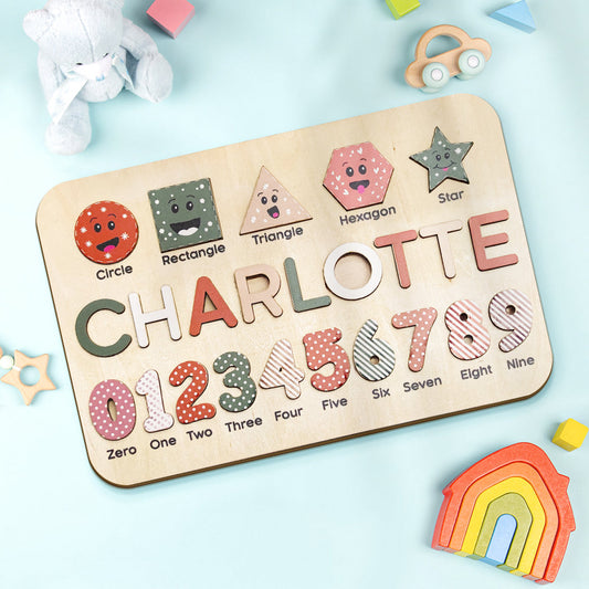 Personalised name puzzle with letters removed to show removable wooden pieces — supports early spelling, fine motor skills and colour recognition