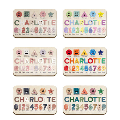 Angled view of a custom wooden name puzzle displaying a child’s personalised name on a smooth wooden board — ideal nursery keepsake and learning toy