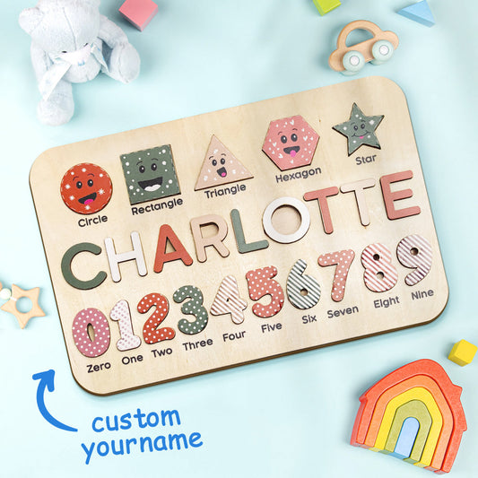 Personalised name puzzle with letters removed to show removable wooden pieces — supports early spelling, fine motor skills and colour recognition