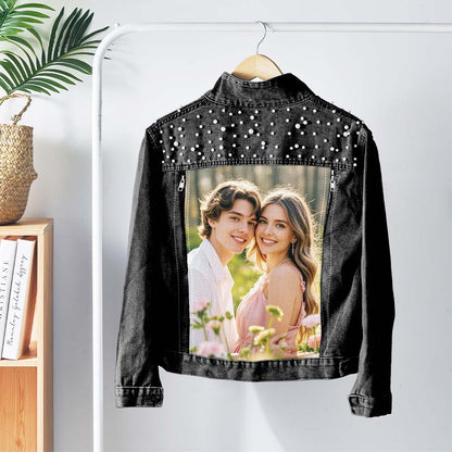 Front view of personalised pearl denim jacket with button closure and subtle pearl accents — a stylish keepsake (S–5XL)