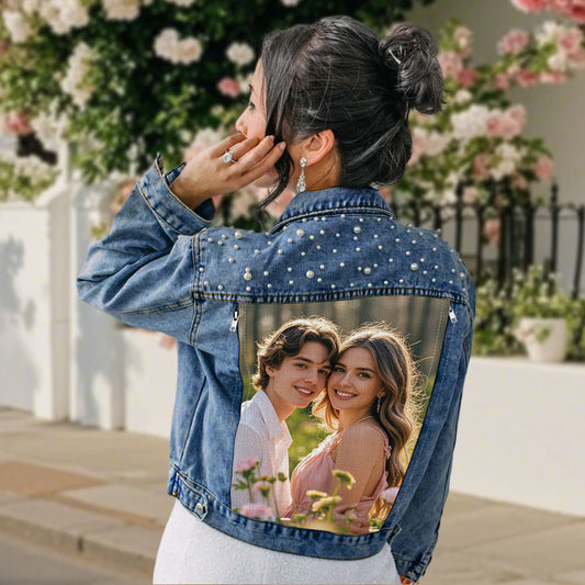 Custom pearl-embellished denim jacket with personalised photo print on back — women's personalised gift (S–5XL)