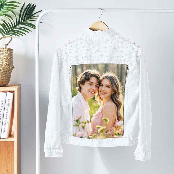 Custom Denim Jacket with Pearl Personalized Photo Jean Jacket Gift for Women