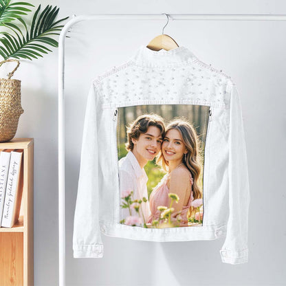 Styled outfit featuring personalised pearl photo denim jacket with custom print — perfect for parties, concerts and everyday wear