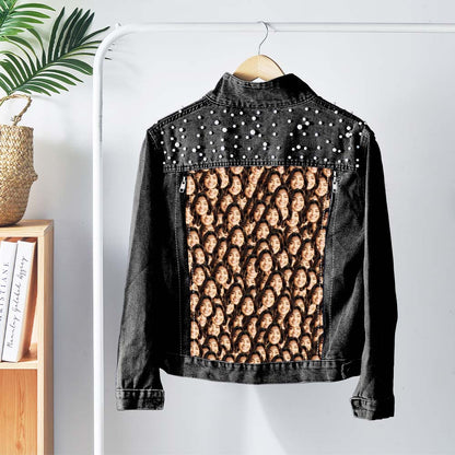 Side view of personalised photo jean jacket with pearl accents and customisable text options — ideal wedding or festival gift